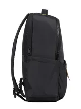 Mochila urbana Cat modelo Virginia, color negro, confeccionada en tejido ligero repelente al agua. Cuenta con compartimento principal con cierre, compartimento independiente para laptop de 15 pulgadas en el panel trasero, bolsillos frontales con cierre de cordón ajustable y asa superior.