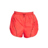Short deportivo color coral con cintura elástica ajustable con cordón y detalles reflectantes.