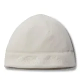 Gorro tipo beanie de polar color blanco hueso, con diseño de doble capa y logo de la marca bordado en relieve en la parte frontal.