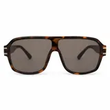 Lentes de sol tipo escudo con armazón de policarbonato marrón oscuro y detalles metálicos dorados en las patillas, con cristales degradados en tonos marrones y protección UV400.