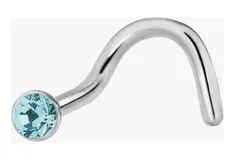 Piercing para la nariz de acero quirúrgico con forma de gancho y un cristal redondo color celeste. Largo de 8mm y grosor de 0.6mm.