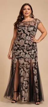 Vestido largo de tul con bordados florales en hilos de seda color bronce sobre base negra. Presenta escote redondo, mangas cortas y falda con aberturas frontales y godets que aportan volumen.