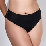Bombacha de tiro alto color negro, confeccionada en lycra y puntilla elastizada, con detalle de tiras cruzadas en la parte trasera.