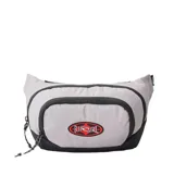 Riñonera Rip Curl modelo Large Heritage de color gris con base negra, bolsillo frontal con cierre y parche bordado con el logo de la marca en rojo y negro.