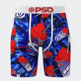 Calzoncillos bóxer de hombre con estampado de bebidas heladas de colores rojo, azul y blanco sobre fondo azul con efecto tie-dye.