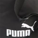 Bandolera negra Puma Phase Portable con logo blanco estampado. Cuenta con correa ajustable, asa de mano y cierre de cremallera.