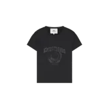 Remera negra Eme Studios, de manga corta y cuello redondo, con estampa frontal de estilo universitario deslavada.