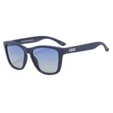 Lentes de sol unisex, con marco negro y borde azul. Lentes espejados polarizados color celeste.