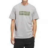 Remera Adidas Skateboarding color gris melange, de manga corta y cuello redondo. Presenta un estampado frontal rectangular en tono verde militar con el logo y el texto de la marca.