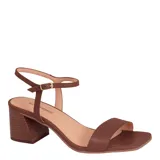 Sandalias de tacón ancho marca Bottero, color marrón, con tira ancha en la parte delantera y tira ajustable al tobillo con hebilla metálica dorada.