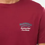 Remera de cuello redondo y manga corta color bordó, con estampado gráfico pequeño en el pecho que incluye logotipos de estilo automotriz.