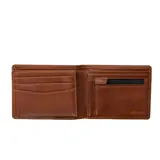 Billetera marrón de cuero sintético con logo Rip Curl grabado en el frente.