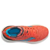 Championes Saucony Echelon 9 de dama, color coral con detalles en celeste y gris.