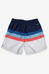 Short de baño celeste con estampado de hojas pequeñas en tonos verdes y blancos. Cuenta con cintura elástica con cordón ajustable, bolsillos laterales y un parche circular con logo en la parte inferior.