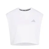 Top deportivo Adidas color blanco, sin mangas y corte cropped, con cuello redondo y logo reflectante en el pecho. El cuello tiene una cinta interior con la palabra "RUNNING" repetida.