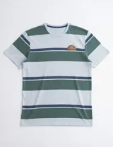 Remera de manga corta con diseño de rayas horizontales en tonos verde, gris claro y azul marino. Presenta un pequeño parche semicircular en el pecho con el logo de la marca.