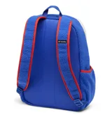 Mochila Columbia modelo Helvetia II de 14 litros, confeccionada en tejido de felpa tipo sherpa color azul. Presenta detalles en color crema y rojo, con compartimento principal con cierre, bolsillo frontal con solapa y correas ajustables acolchadas.