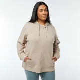 Buzo de chándal con capucha color beige, con cierre frontal y bolsillos laterales.