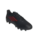 Botas de fútbol Adidas Deportivo III FxG, color negro con detalles en rojo. Diseñadas para jugar en una gran variedad de superficies, presentan una lengüeta perforada y un forro suave. El antepié sintético con pespuntes en relieve te ofrece un control excepcional del balón. El talón con diseño anatómico te garantiza una sujeción óptima.