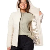 Campera acolchada con capucha, color beige, con cierre frontal completo, bolsillos laterales con cremallera y puños con orificios para los pulgares. Presenta tecnología de forro termorreflectante y aislamiento sintético.