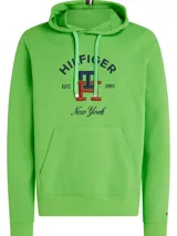 Buzo verde con capucha y cordón ajustable, confeccionado en felpa de algodón. Presenta un bolsillo tipo canguro y un monograma TH bordado en el pecho.