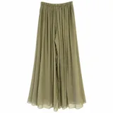 Pantalón palazzo de tejido ligero con acabado plisado, color verde militar, cintura elástica fruncida y diseño de perneras muy anchas y fluidas.