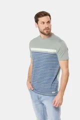 Remera de manga corta gris con rayas horizontales azules y blancas.