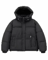 Campera puffer con capucha, de diseño acolchado y silueta cómoda. Cuenta con cuello alto, cierre frontal y puños elásticos.