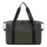 Bolso de viaje unisex de diseño minimalista, color verde oliva, con correas de mano reforzadas en color negro y cierre superior. Fabricado en material impermeable, cuenta con compartimentos organizadores y estructura funcional para uso versátil.