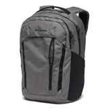 Mochila Columbia de 26 litros, color gris con detalles en negro. Cuenta con dos compartimentos principales, funda acolchada para laptop de hasta 15 pulgadas, funda para tablet, bolsillos laterales para botellas de agua y correas de hombro acolchadas.