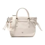 Cartera chica tipo morral color beige, confeccionada en símil cuero, con doble asa de mano y correa larga ajustable y desmontable. Cuenta con detalles de cordones laterales y herrajes metálicos plateados con el logo de la marca.