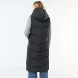Chaleco largo tipo puffer en color negro, con diseño acolchado, cierre frontal completo y capucha ajustable con cordones. Cuenta con bolsillos laterales y un corte recto hasta la rodilla.