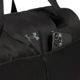 Bolso Under Armour Studio Lite Duffle negro con logo gris. Tiene doble asa de mano, correa de hombro ajustable y dos bolsillos frontales.