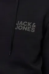 Canguro negro de manga larga con capucha, bolsillo tipo canguro y logo pequeño estampado en el pecho.