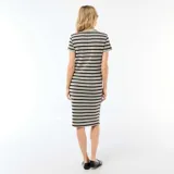 Vestido midi de punto calado con rayas horizontales en negro y beige, escote en V con cuello y cierre frontal de botones.