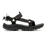 Sandalia deportiva Merrell de color negro, con tiras de tejido reciclado, sistema de ajuste con cordón elástico en el talón y suela de goma con relieve para mayor tracción.