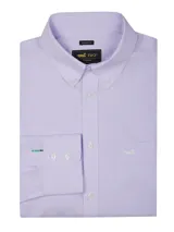 Camisa de manga larga para hombre de la marca RKF, color lila con patrón de rayas finas, cuello abotonado y bolsillo en el pecho con logo bordado.