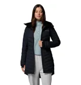 Campera larga Columbia modelo Joy Peak II Mid, color negro, con diseño acolchado y cierre frontal. Cuenta con capucha forrada en vellón, puños con orificios para pulgares y tecnología de aislamiento térmico.
