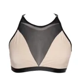 Top Yoli confeccionado en tela de malla negra combinada con tejido nude, con diseño de cuello alto y tirantes ajustables en la espalda.