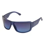 Lentes de sol MDQ modelo Rawai, con armazón envolvente de color azul mate y cristales degradados en tonos azules con efecto espejo. Cuenta con detalles metálicos en las patillas con el logo de la marca.