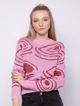 Sweater amarillo de tejido de punto con diseño de jacquard con ondas turquesas. Es de cuello redondo y manga larga.