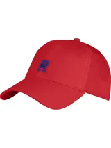 Gorra de béisbol roja de algodón con logo TH bordado en azul en el frente.
