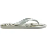 Ojotas Havaianas negras con estampado de hojas en blanco y gris.