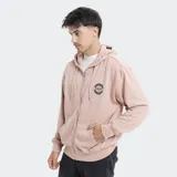 Campera con cierre frontal y capucha, color beige, con logo circular de la marca Reef estampado en el pecho y bolsillos tipo canguro.
