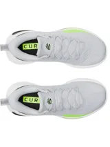 Championes de básquetbol Under Armour Curry 12 modelo Gravity, con diseño en tonos gris claro, detalles en negro y acentos en verde neón. Presentan parte superior de malla transpirable, contrafuerte de TPU en el talón y suela de goma de alta tracción.