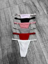 Pack de seis bombachas tipo colaless de algodón, con tiras laterales ajustables. Incluye colores variados: blanco, rojo, gris, rosa viejo, negro y rosa claro.