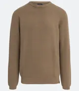 Suéter negro de tejido de punto maquinetado con cuello redondo y manga larga.