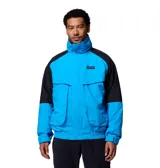 Campera Columbia modelo Powderkeg II Remastered Omni-Tech, impermeable y transpirable, en color celeste con mangas y detalles en negro. Cuenta con cierre frontal con solapa, cuello alto, bolsillos frontales con solapa y cierre, puños ajustables y el logo de la marca bordado en el pecho.