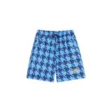 Short de baño Eme Studios modelo JJ Ocean, con estampado geométrico en tonos celeste y azul marino. Cuenta con cintura elástica con cordón de ajuste y bolsillos laterales.