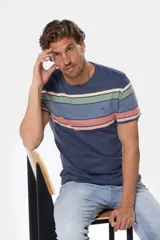 Remera de manga corta con cuello redondo y diseño rayado multicolor en tonos azules, beige, verde y rosado, con pequeño logo bordado en el pecho.